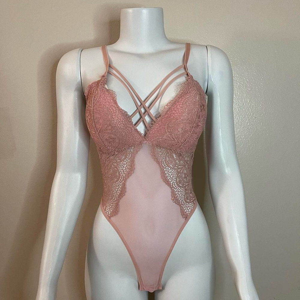Light pink mesh strappy bust removable pads lace teddy bodysuit